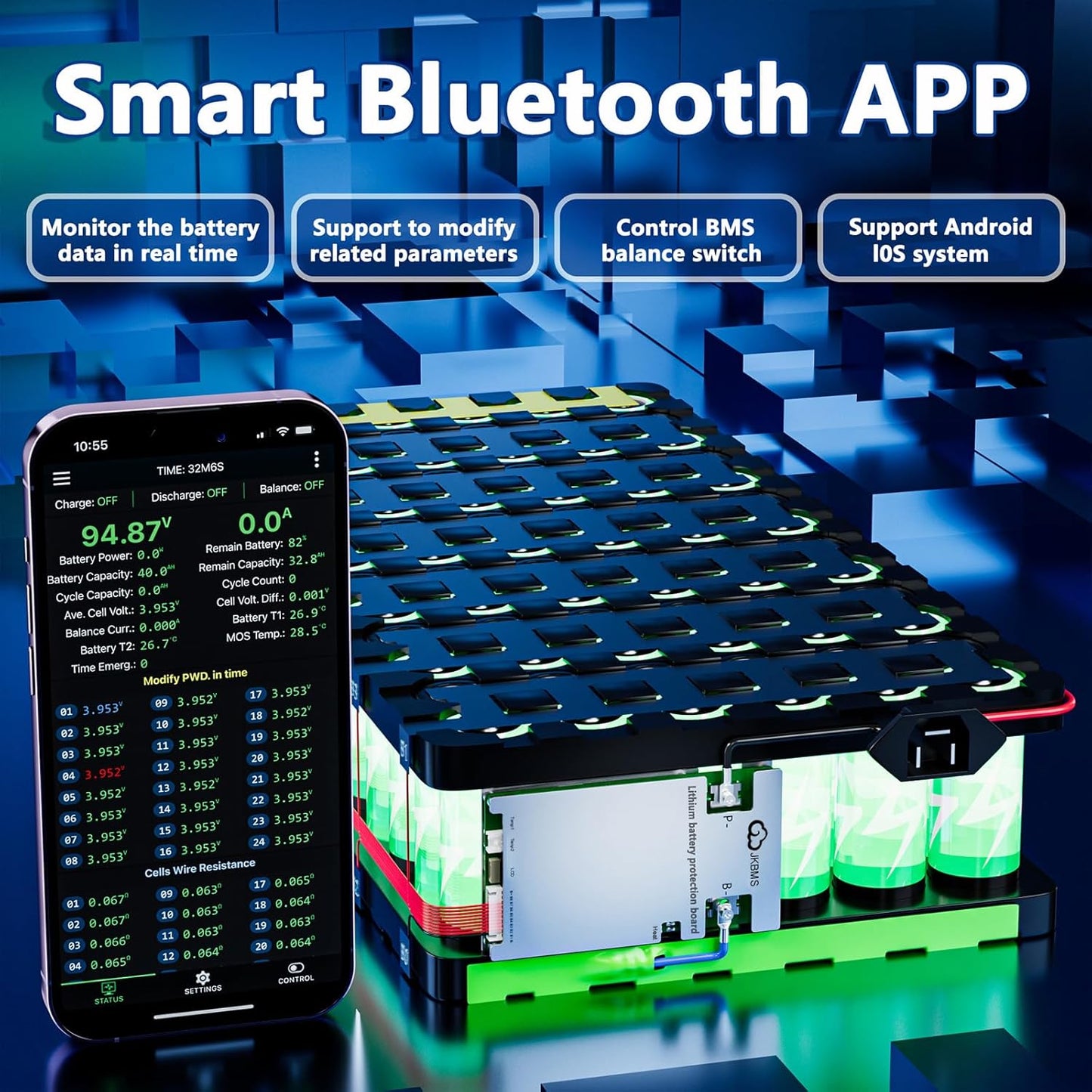 JKBMS Smart BMS 4S-8S 100A 1A Active Balance Integrado Bluetooth con CAN RS485 PCB Placa de Protección de Batería para Paquete de Batería LiFePO4 Li-ion LTO